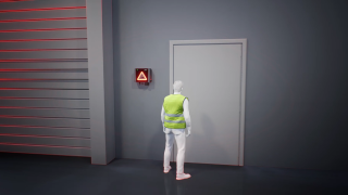 Der Linde Safety Guard warnt Fußgänger, die durch ein Tür gehen wollen vor vorbeifahrenden Fahrzeugen und verhindert so Kollisionen. Animiertes Video zu Risiken beim Durchqueren von Türen von Fußgänger